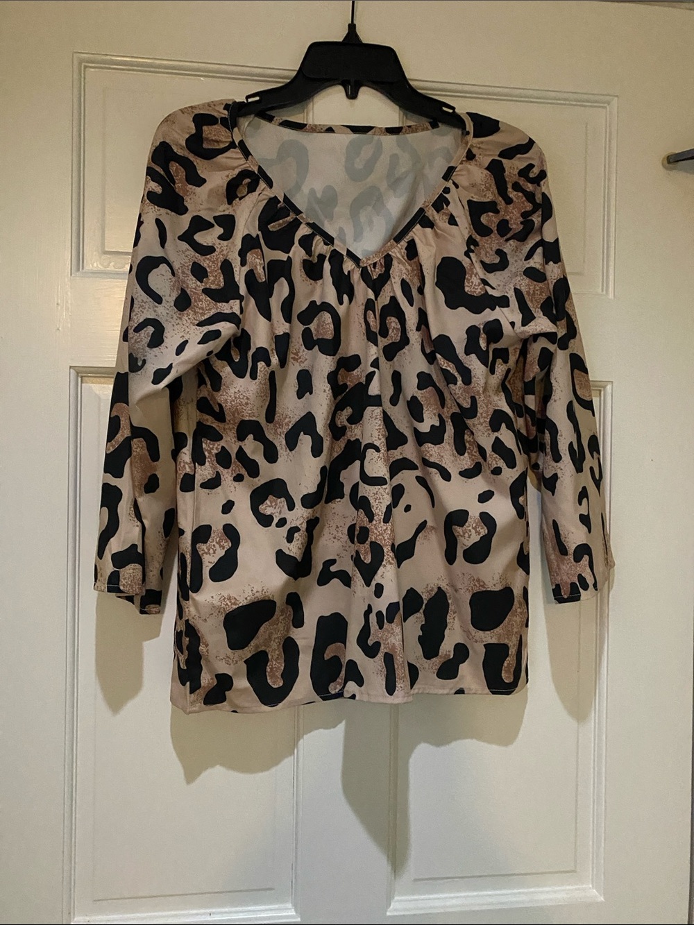 V-Neck Leopard Print Blouse in Beige and Black